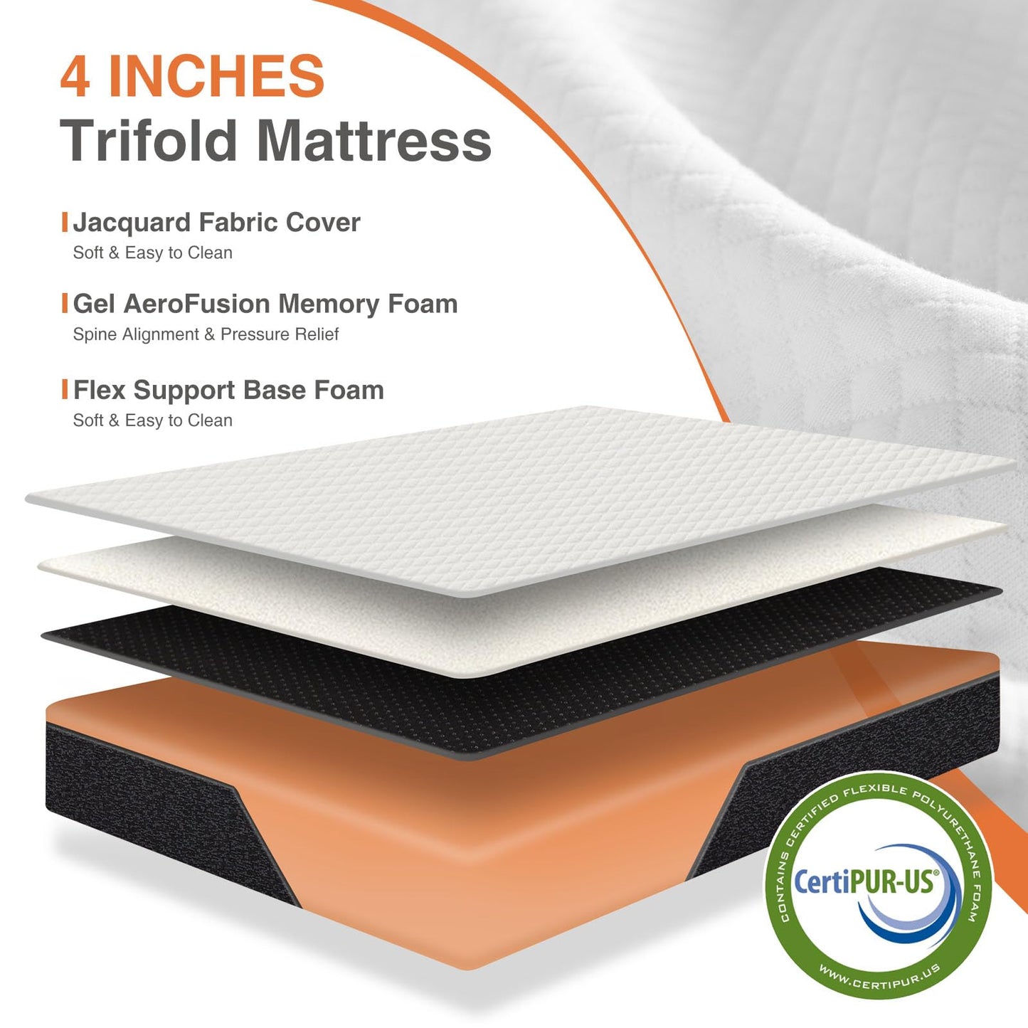 Sweetcrispy Tri-fold Memory Foam Mattress - 4 Inch Single Size Portable Bed Pad, Foldable Floor Mat, Collapsible and Washable Cover with CertiPUR-US Certified, for Travel & Camping & Yoga