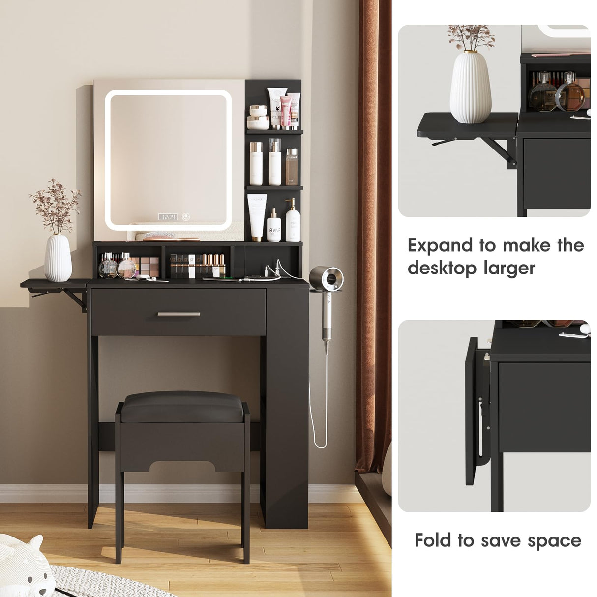 Fameill Vanity Desk with Mirror and Light, Small Vanity with Drawer & Shelves, Black Vanity with Charging Station & Time Display, Vanity Table with Storage Stool, Makeup Vanity for Bedroom Fameill