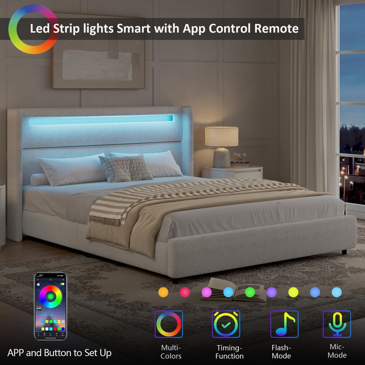 HOMBCK King Size Bed Frame with LED Lights and Headboard, Boucle Upholstered Platform Bed with Wingback Design, Modern Soft Bed Frame, No Box Spring Needed, Easy Assembly, Beige HOMBCK