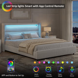 HOMBCK King Size Bed Frame with LED Lights and Headboard, Boucle Upholstered Platform Bed with Wingback Design, Modern Soft Bed Frame, No Box Spring Needed, Easy Assembly, Beige HOMBCK