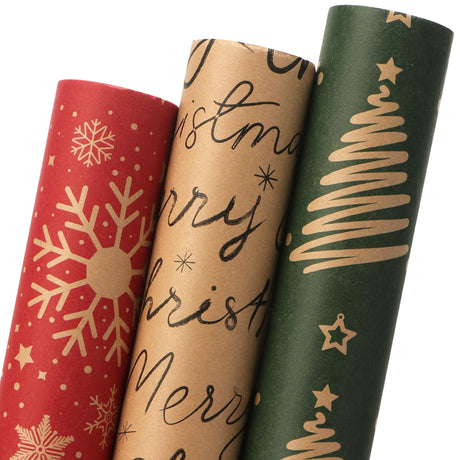 Ribbli Christmas Wrapping Paper Red Green Kraft Paper Merry Christmas Snowflakes Tree 3 Rolls Vintage Printed Assortment - Mini Roll 17 inch x 120 inch(10feet) Per Roll Ribbli