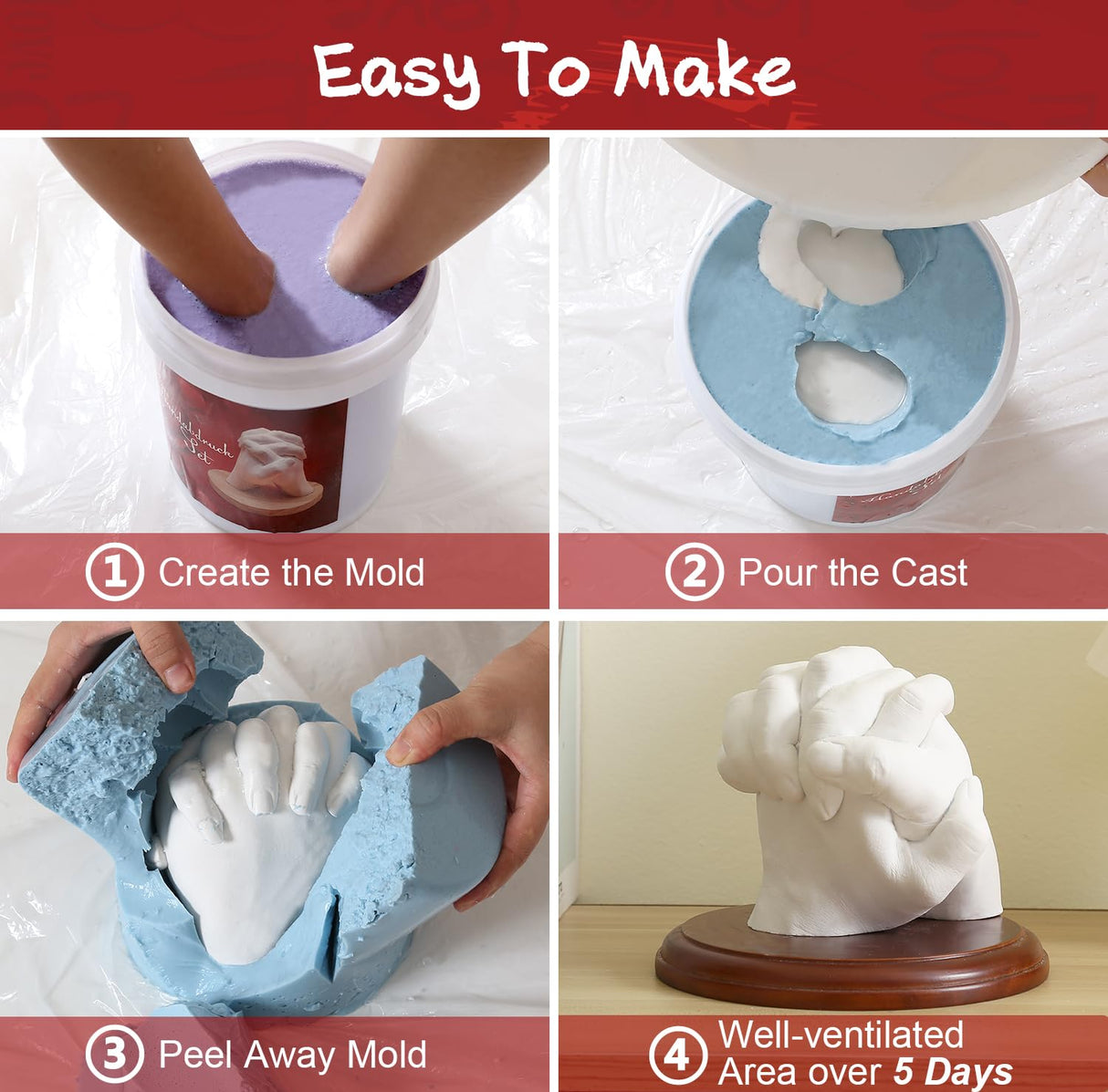 PewinGo Hand Casting Kit With Base - DIY Plaster Mold for Couples - Gift Ideas for Valentines, Engagement, Anniversary, Wedding, Boy/Girlfriend PewinGo