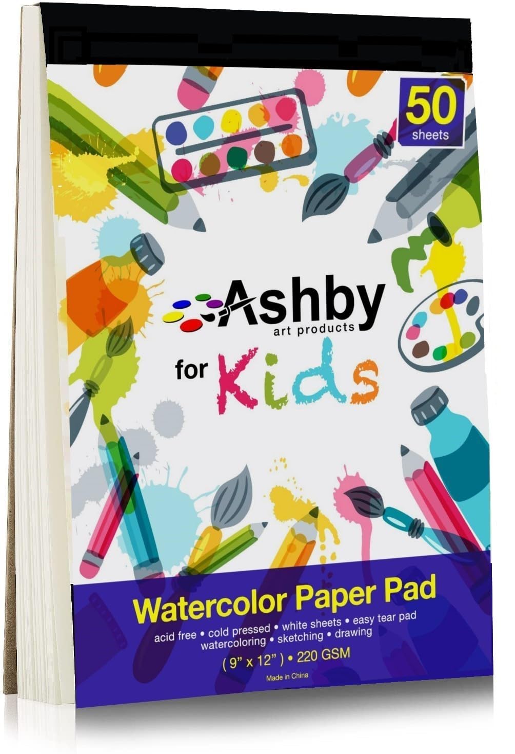 Ashby for Kids - 1 Pad (50 Sheets) of Premium Quality (220 GSM) Watercolor, Drawing, Finger Paint and Sketch Paper - Glue Bound Binding for Easy Removal - Natural White Ashby