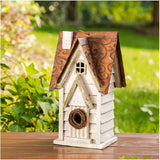 Glitzhome 12" H Washed White Distressed Solid Wood Cottage Birdhouse Hanging Bird House for Outdoors Glitzhome