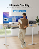 HUANUO 65″ L-Shaped Standing Desk with Power Outlets & LED Strip, Electric Height Adjustable Corner Computer Desk, Sit Stand Up Desk with 3 Drawers, Natural Wood HUANUO