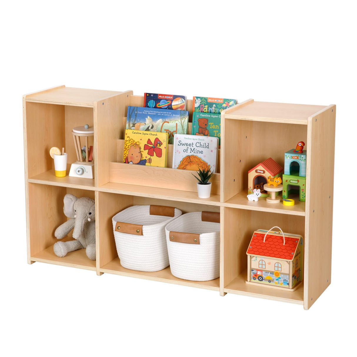 OOOK Montessori Bookshelf and Toy Storage Organizer, 2-Tier Horizontal Bookshelf, 5-Compartment Toy Storage Cabinet with Book Rack, Ideal Choice for Kids Classroom Organizer, Playroom and Daycare OOOK
