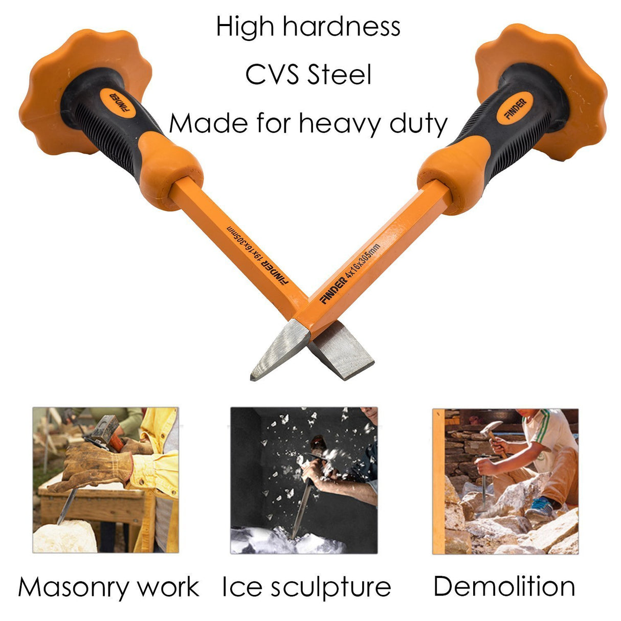 Finder 2 pcs 12-Inch Heavy Duty Chisels Set With Hand Protection, Flat Head and Pointed/Spear Head, Demolishing/Masonry/Carving/Concrete Breaker Chisels set with Bi-Material Hand Guard … FINDER