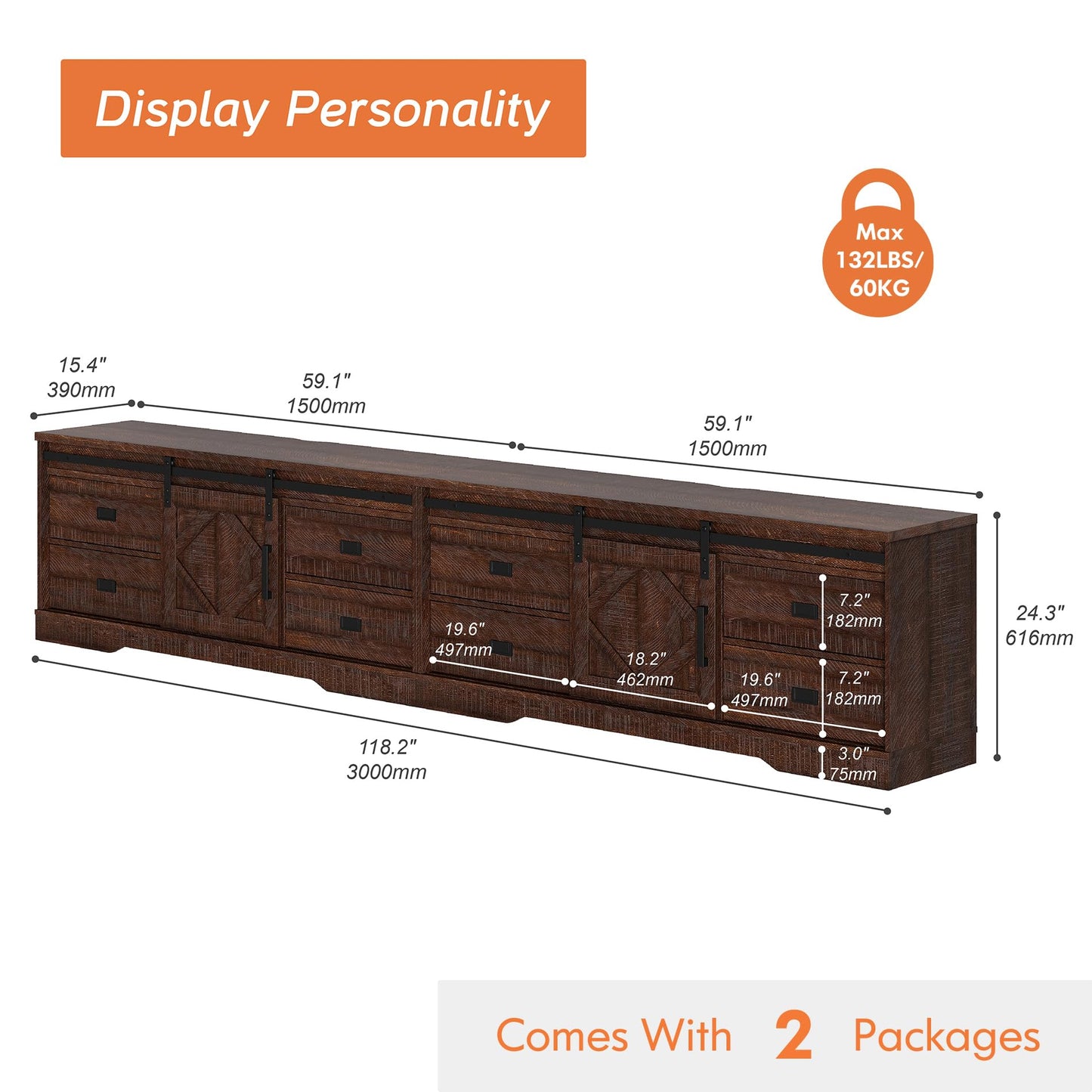 WAMPAT 118" Wide Modern Farmhouse 2 in 1 TV Stand for up to 130" TVs,Faux Bark Finish Wood Entertainment Center with 8 Drawers and Sliding Barn Doors for Living Room, Rustic Brown