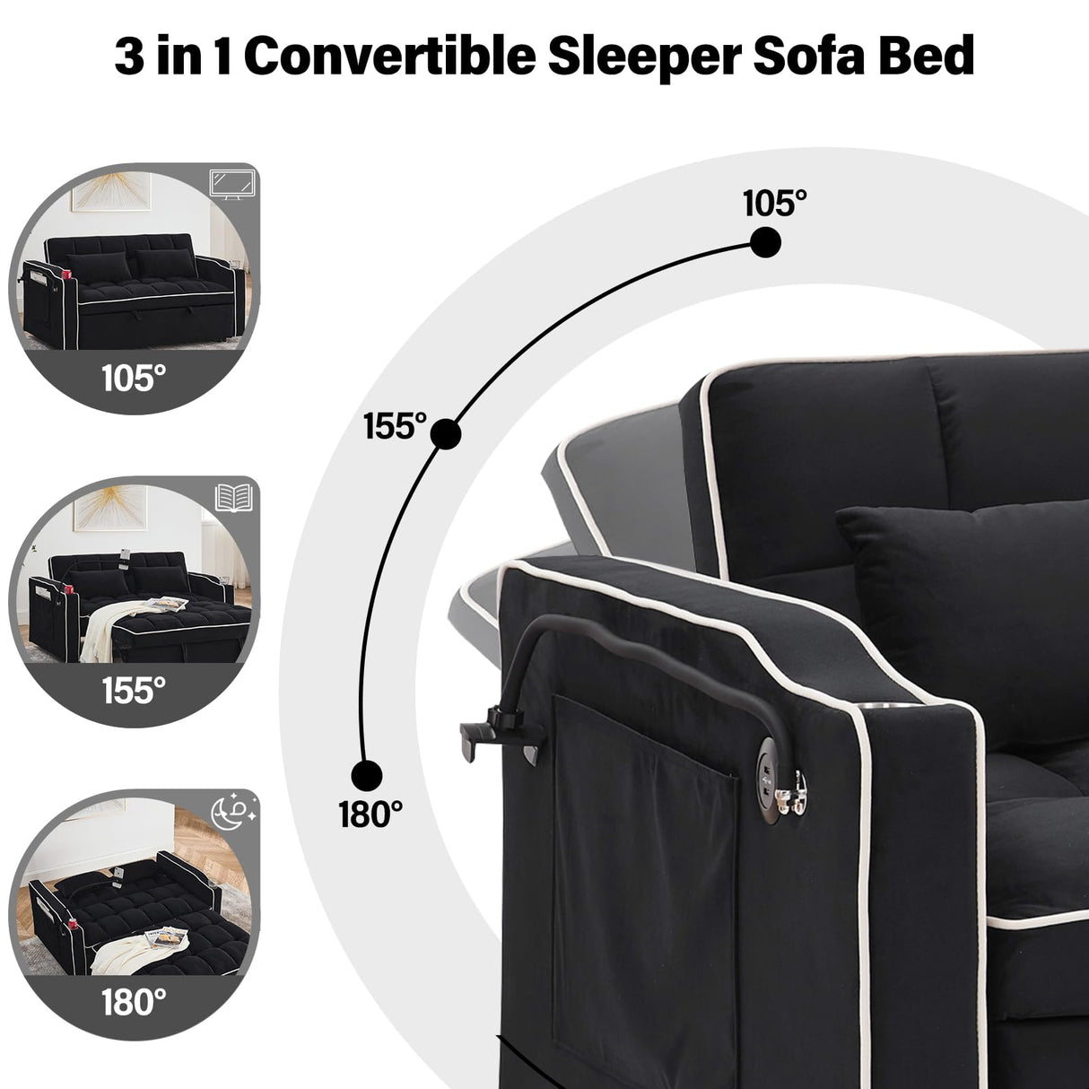 3 in 1 Sleeper Sofa Couch Bed,Velvet Convertible Loveseat Sleeper Sofa Bed,Pull Out Sofa Bed With USB Port & Ashtray and Swivel Phone Stand & Storage Pockets,Modern Sleeper Sofa for Living Room,Black WIIS' IDEA