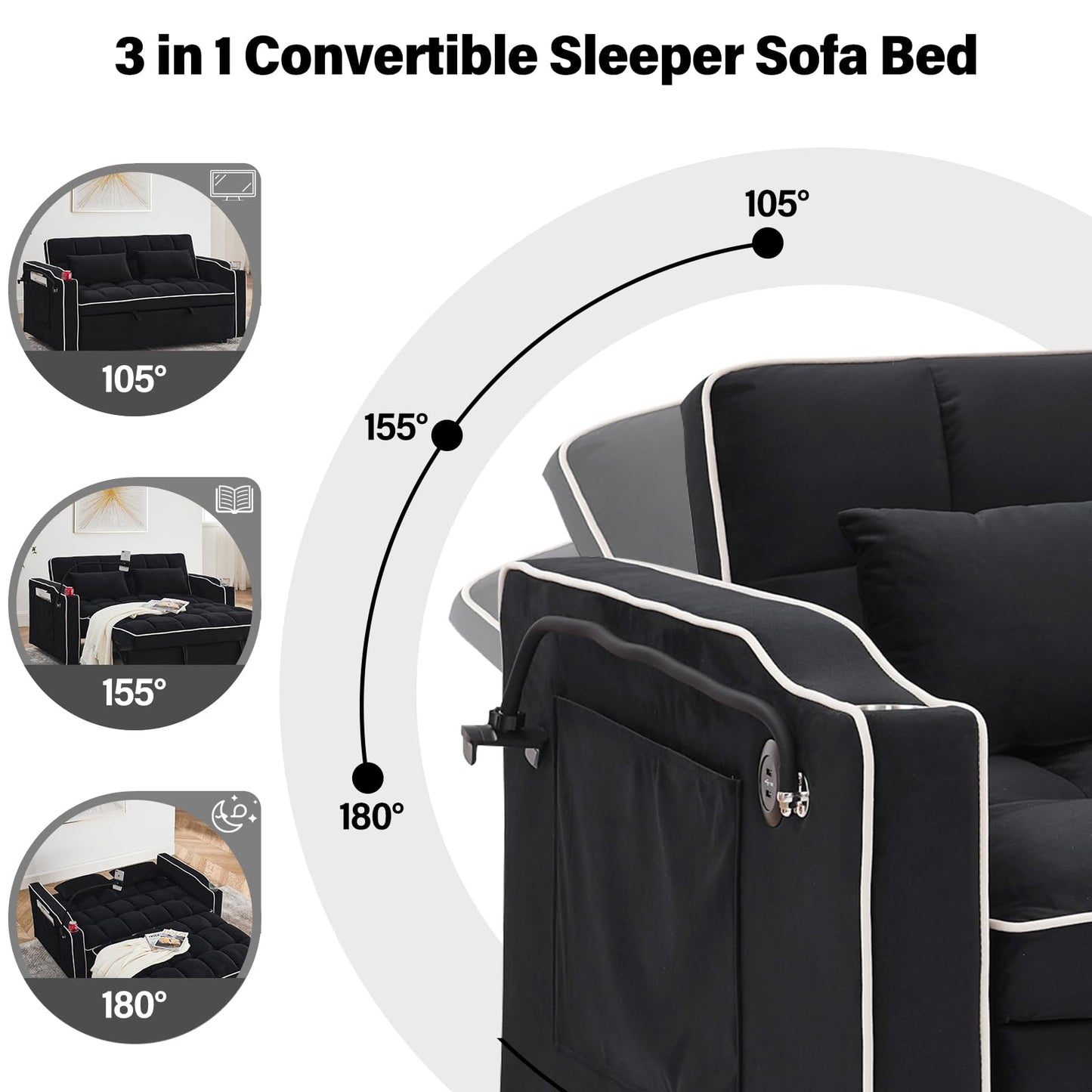 3 in 1 Sleeper Sofa Couch Bed,Velvet Convertible Loveseat Sleeper Sofa Bed,Pull Out Sofa Bed With USB Port & Ashtray and Swivel Phone Stand & Storage Pockets,Modern Sleeper Sofa for Living Room,Black