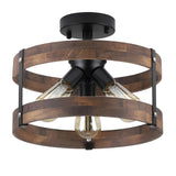 3-Light Rustic Farmhouse Wood Flush Mount Ceiling Light Fixture Oak Wood Round Drum Semi Flush Mount Ceiling Light for Hallway Hall Entry Bedroom Farmhouse Indoor, Black RKUCSR