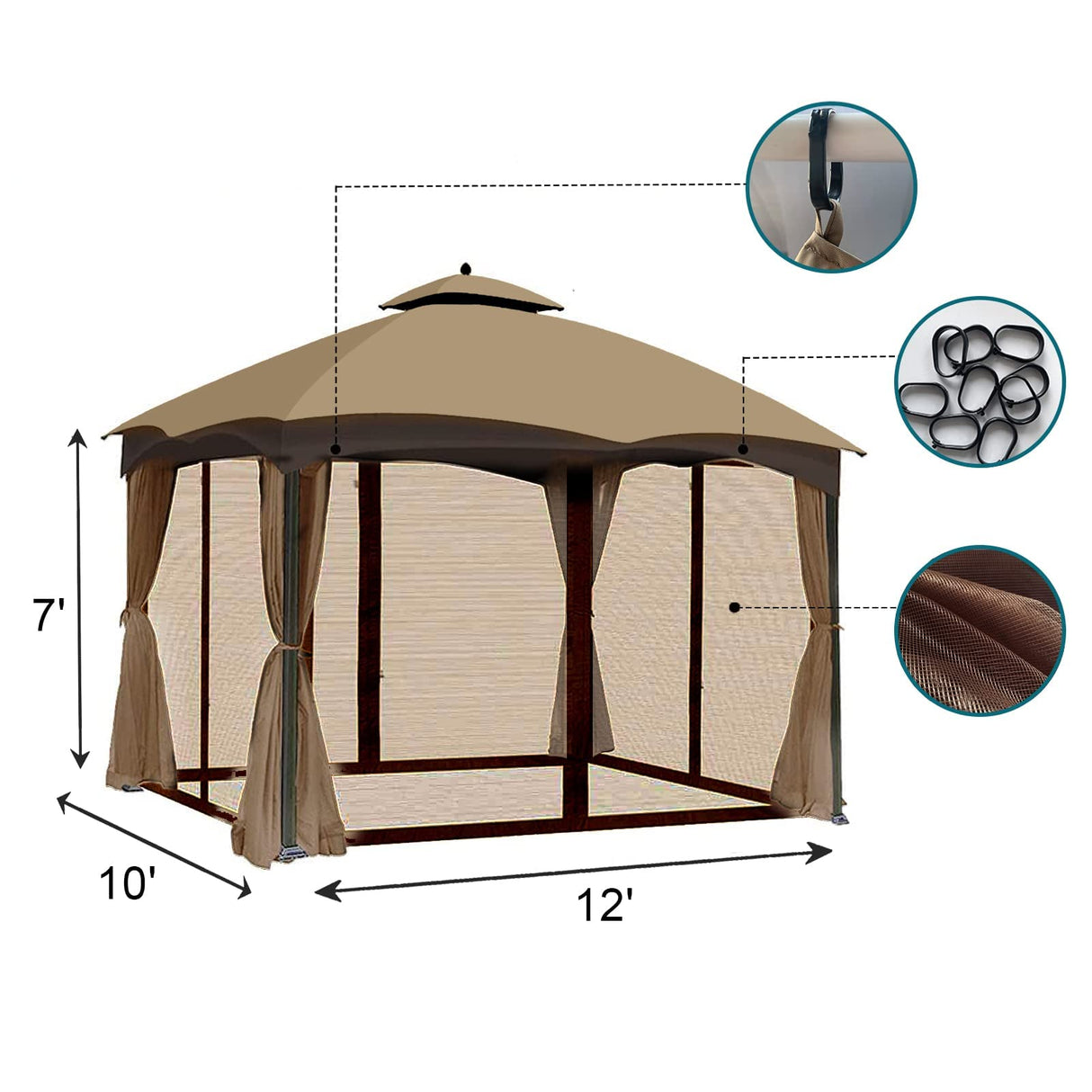 Tanxianzhe 10'x12' Gazebo Replacement Mosquito Netting 4-Panel Patio Screen Walls with Zipper (Brown) Tanxianzhe