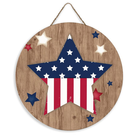 Farmhouse Art Decor Wood Sign Plaque 4th of July American Star Wall Art Wood Plaque Sign 8x8 Inch Memorial Day Wooden Hanging Signs Home Decor for Offices Outdoor OZXINNUO