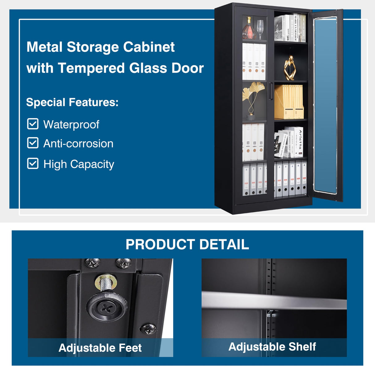 PEUKC 67IN Display Cabinet with Glass Doors, Metal Curio Cabinets with 4 Adjustable Shelves, Glass Cabinet Display Case for Home, Office, Clinic, Pantry (Black) PEUKC