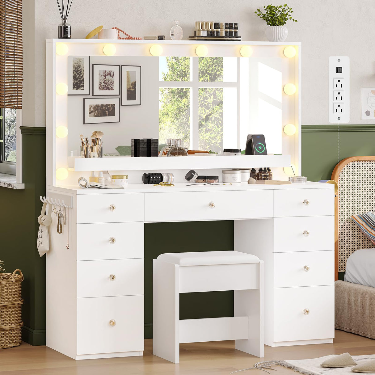 Hasuit Makeup Vanity Desk with Large Lighted Mirror and 9 Drawers, Large Vanity Desk with Storage Rack, Hook, Crystal Handle, White Bedroom Vanity Table Set with Charging Station, Lights Adjustable Hasuit
