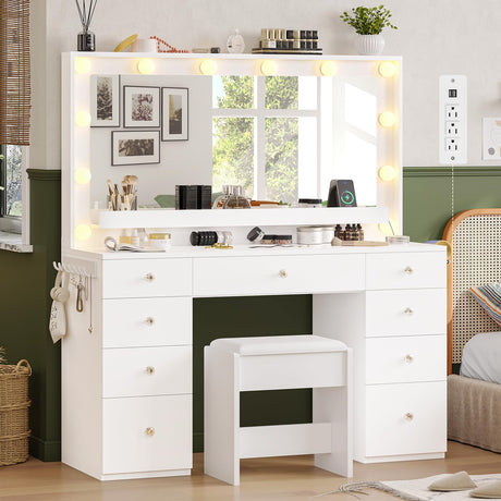 Hasuit Makeup Vanity Desk with Large Lighted Mirror and 9 Drawers, Large Vanity Desk with Storage Rack, Hook, Crystal Handle, White Bedroom Vanity Table Set with Charging Station, Lights Adjustable Hasuit