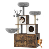 57.5-Inch Cat Tree with Litter Box Enclosure 2-in-1 Modern Cat Tower with Cat Condo/Hammock/Scratching Post/Plush Perch/Removable Pompom Sticks/Caves, Wooden Hidden Litter Box Furniture, Oak Brown OUTGOODS