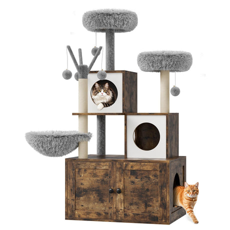 57.5-Inch Cat Tree with Litter Box Enclosure 2-in-1 Modern Cat Tower with Cat Condo/Hammock/Scratching Post/Plush Perch/Removable Pompom Sticks/Caves, Wooden Hidden Litter Box Furniture, Oak Brown OUTGOODS