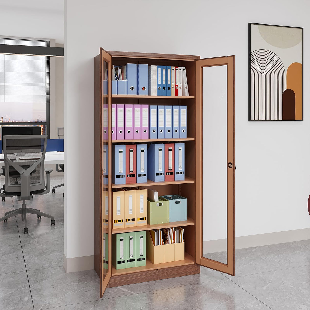 Anxxsu Display Cabinet with Glass Doors, Display Case Cabinet for Collectibles, Curio Display Cabinet with 4 Adjustable Shelves, 71" Glass Display Cabinet for Home Living Room (Wood Color) Anxxsu