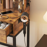 Makeup Vanity Desk with Round Mirror and Lights, Vanity Makeup Table with Hair Dryer Rack, Small Vanity Table for Bedroom with Lots Storage (Brown with Charging, 15.75 * 31.5 * 53.6in) Vabches