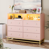 Pink Dresser for Bedroom, Wooden Modern 6 Drawers Long Dresser with Charging Station and Led Lights Design, Large Capacity Storage Chest of Drawers, Wide Drawers for Living Room, Hallway Garveehome