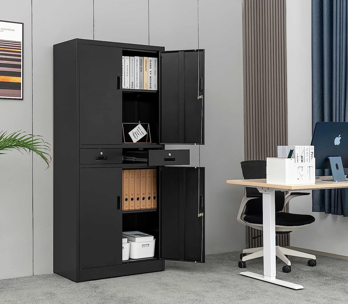 CJF Metal Storage Cabinet with Adjustable Shelves and Drawers, Locking Steel Storage Cabinet for Pantry, Office, Garage, Home, School, Utility (Black) CJF