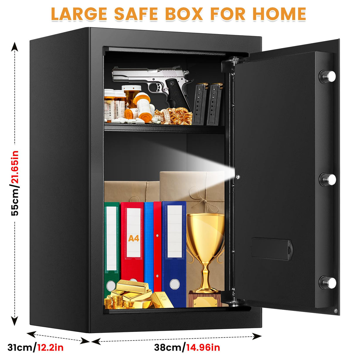 4.0 Cu ft Large Safes for Home Use Fire and Water Proof, Digital Security Fireproof Safe with Combination and Key, 2 Removable Shelves, Anti-Theft Home Safe Box for Document Money Valuables Pisleto