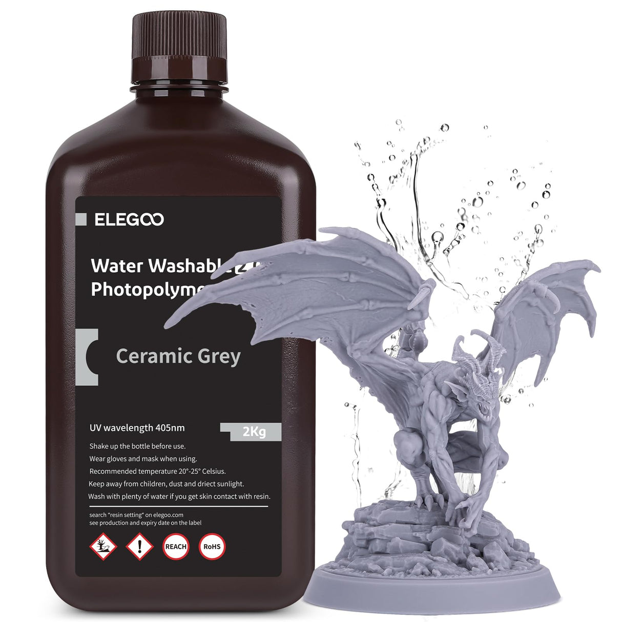 ELEGOO Upgraded Water Washable 3D Printer Resin 2.0, 405nm UV-Curing 3D Resin with Lower Shrinkage and Higher Precision for LCD 3D Printing Gray 2000g ELEGOO