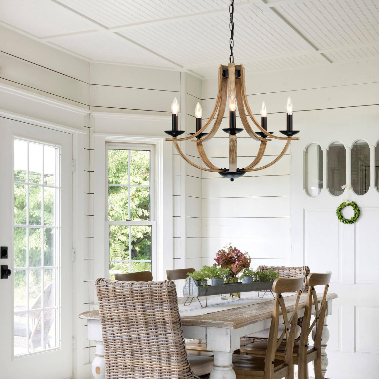 LAMPKEDUO Farmhouse Chandeliers for Dining Room Light Fixture, 5-Light 24 inch Faux Wood Texture Hanging Lighting Fixtures, Rustic Candle Chandeliers for Living Room Kitchen Island Foyer Entryway LAMPKEDUO