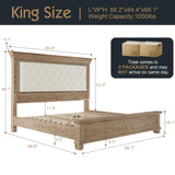 YUMPIE Rustic Solid Wood King Bed Frame with 68" Tall Headboard, Chenille Upholstered Farmhouse Panel Platform Bed Mattress Frame, Button Tufted/Antique Brass Nail Trim/No Box Spring Needed, Milk Ash YUMPIE
