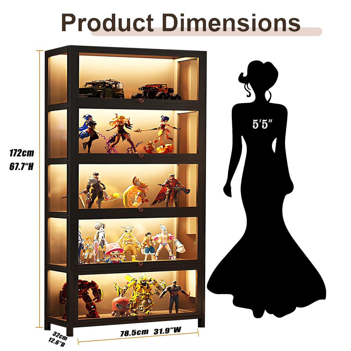 5 Tier Curio Display Cabinet with Acrylic Glass Door, Large Capacity Storage Cabinet Collectibles Toy Organizers Rack & Display Shelf, Kids Bookshelf and Bookcase for Playroom, Bedroom JOIHGA