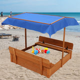 Wooden Cedar Sand Box, Large Kids Sand Boxes with Adjustable Canopy, 2 Foldable Bench Seats, Sand Protection, Bottom Liner, Sand Boxes for Backyard Garden, Sand Pit for Beach Patio Outdoor (47 Inch) AMZOSS