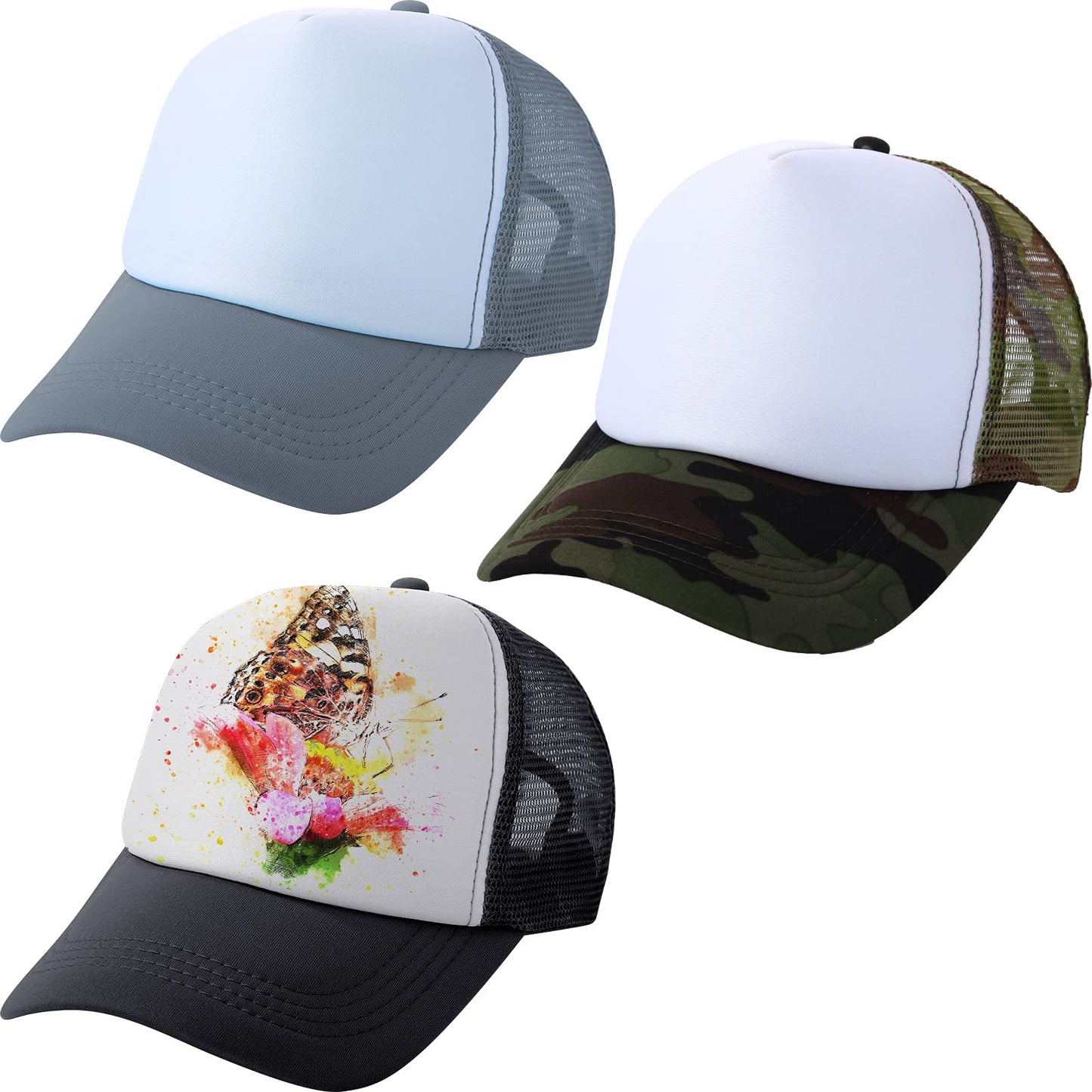 3 Pieces Sublimation Trucker Hat Sublimation Blank Mesh Hat Adjustable Sublimation Blank Polyester Mesh Cap (Black and White, Grey and White, Camouflage Color)