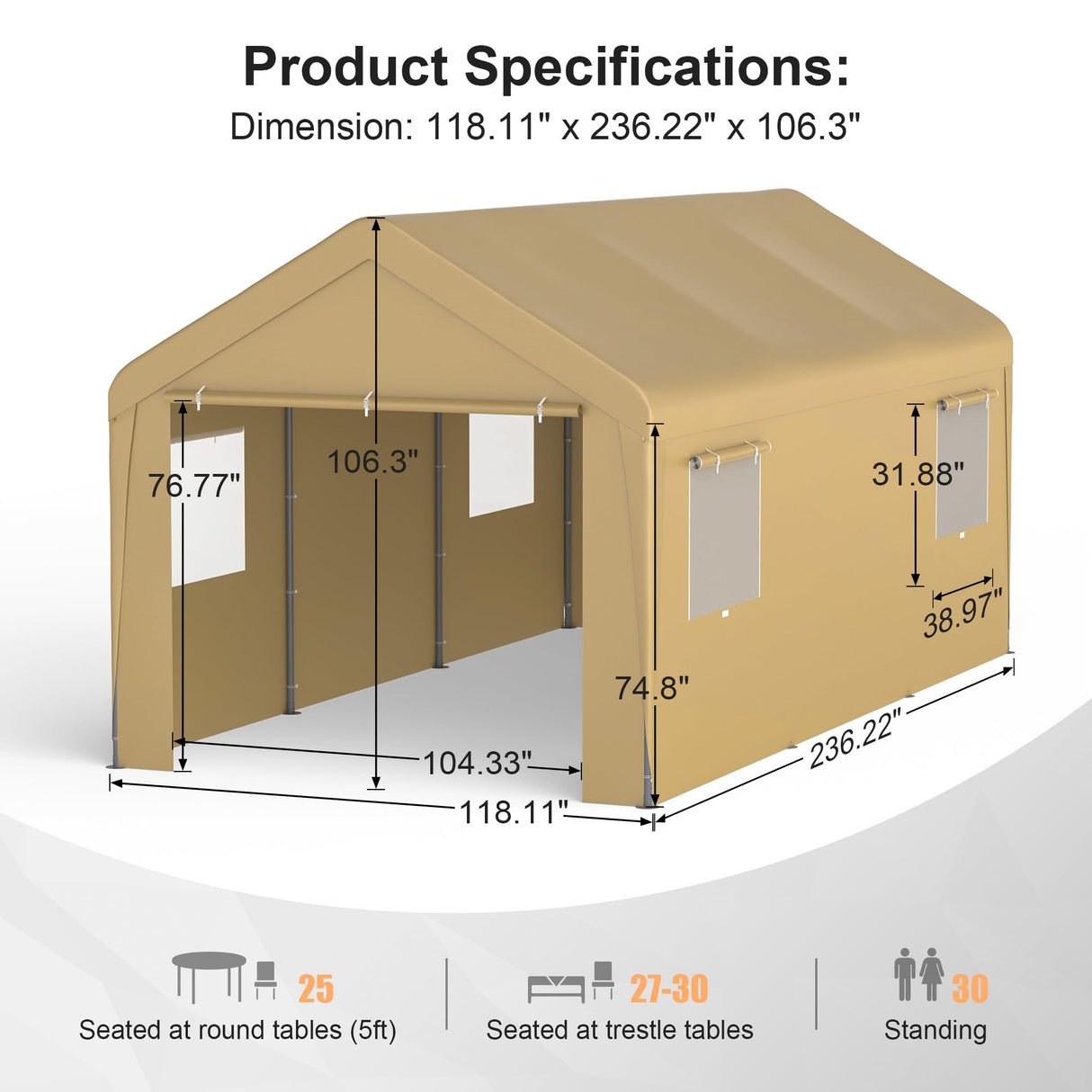 Morngardo Carport 10'x20' Heavy Duty Car Canopy Portable Garage with Roll-up Windows, Removable Sidewalls & Doors for Truck Boat Car Port, Party, Storage (Beige) Morngardo