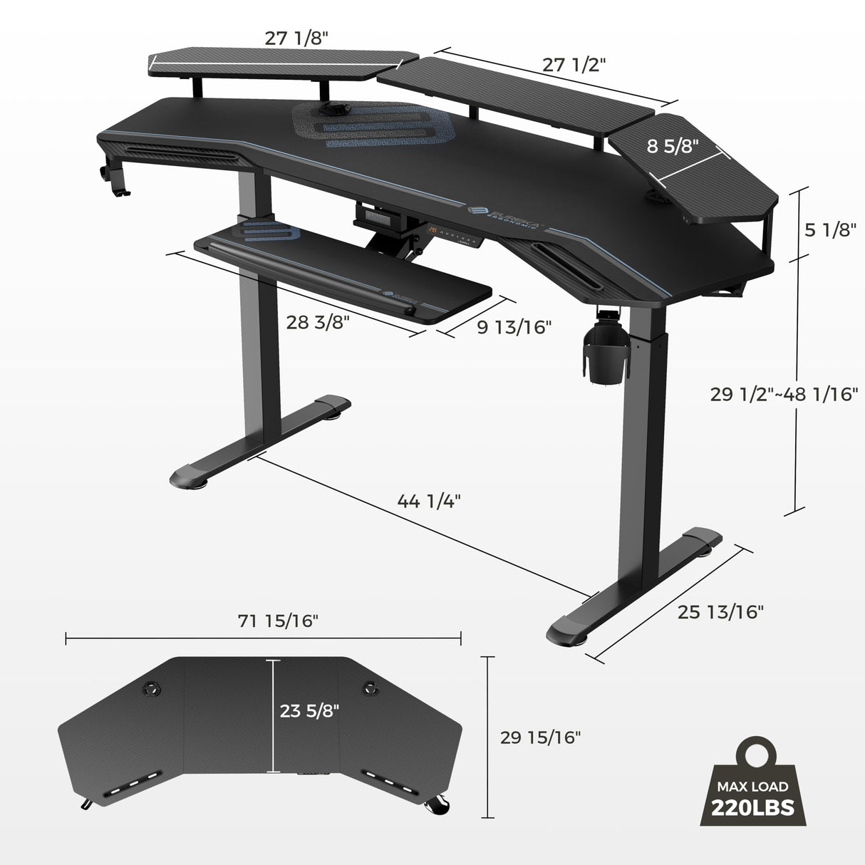 EUREKA ERGONOMIC Gaming Desk, Standing Desk Keyboard Tray, 72" Wing Shaped Music Studio Desk Electric Adjustable Height Desk Sit Stand Desk with LED Shelves, Gaming Recording Live Stream, Slot Design EUREKA ERGONOMIC