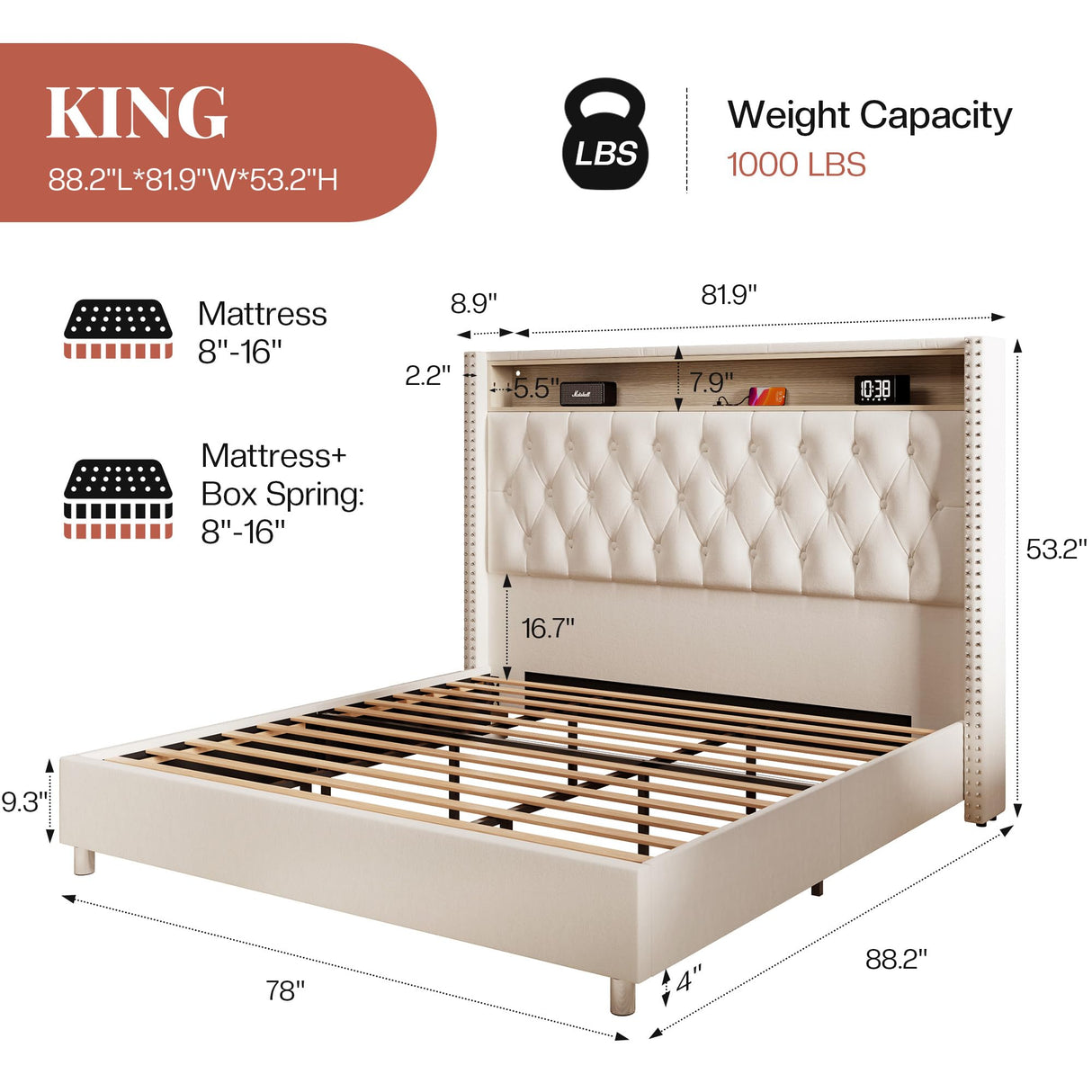 Jocisland King Size Bed Frame 53.6'' Tall Storage Headboard with LED Lights & Charging Station, Velvet Upholstered Button Tufted Wingback Platform Beds, No Box Spring Needed, USB Ports, Cream Jocisland