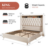 Jocisland King Size Bed Frame 53.6'' Tall Storage Headboard with LED Lights & Charging Station, Velvet Upholstered Button Tufted Wingback Platform Beds, No Box Spring Needed, USB Ports, Cream Jocisland