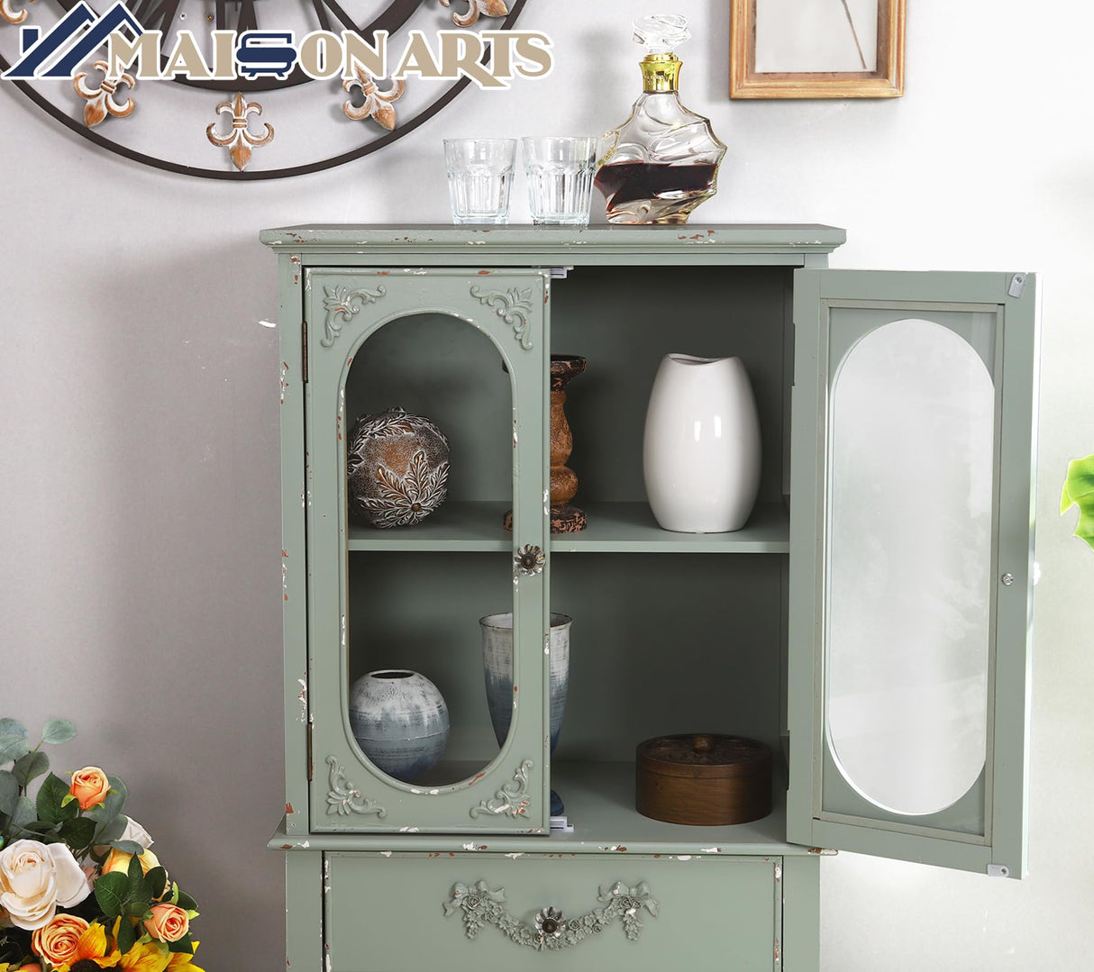 MAISON ARTS 42" Tall Accent Cabinet with 2 Glass Doors & 1 Drawer, Modern Farmhouse Kitchen Buffet Cabinets with Storage Living Room Entryway Cabinet Solid Wood Legs, Mint Green MAISON ARTS