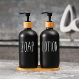 MOMEEMO Black Soap Dispenser Bathroom Set, Set with Glass Dispenser, Bamboo Pumps & Tray. Hand and Lotion Suitable for Farmhouse Decor. (Black) MOMEEMO