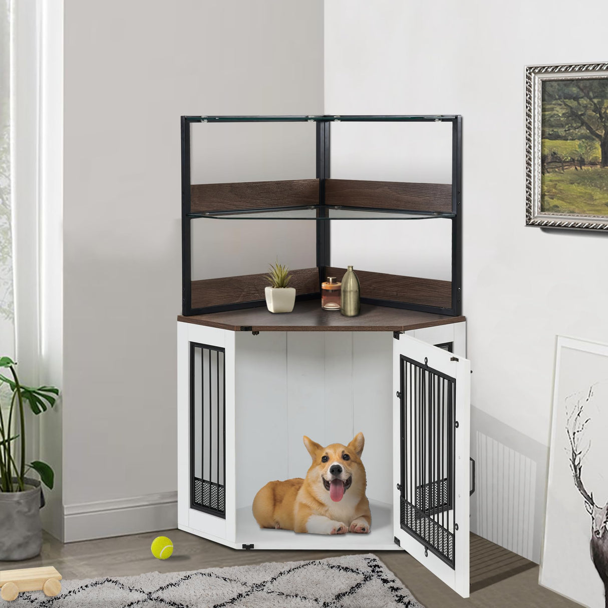 MCombo Small Corner Dog Crate Furniture with Glass Shelves, Wooden Dog Kennel Furniture with Door, Pet Crate Indoor Use, CN17 (White and Brown) MCombo