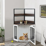 MCombo Small Corner Dog Crate Furniture with Glass Shelves, Wooden Dog Kennel Furniture with Door, Pet Crate Indoor Use, CN17 (White and Brown) MCombo