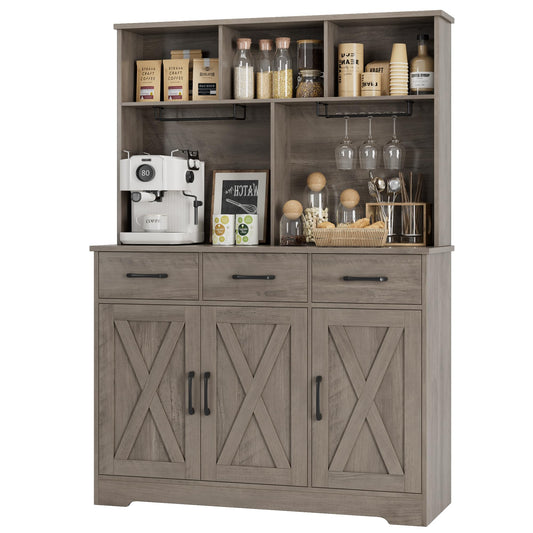 HOSTACK Buffet Cabinet with Hutch, Modern Farmhouse Kitchen Buffet Sideboard Storage Cabinet with 3 Drawers, Barn Door Coffee Bar Station, Liquor Cabinet for Dining Room, Living Room, Ash Gre - WoodArtSupply