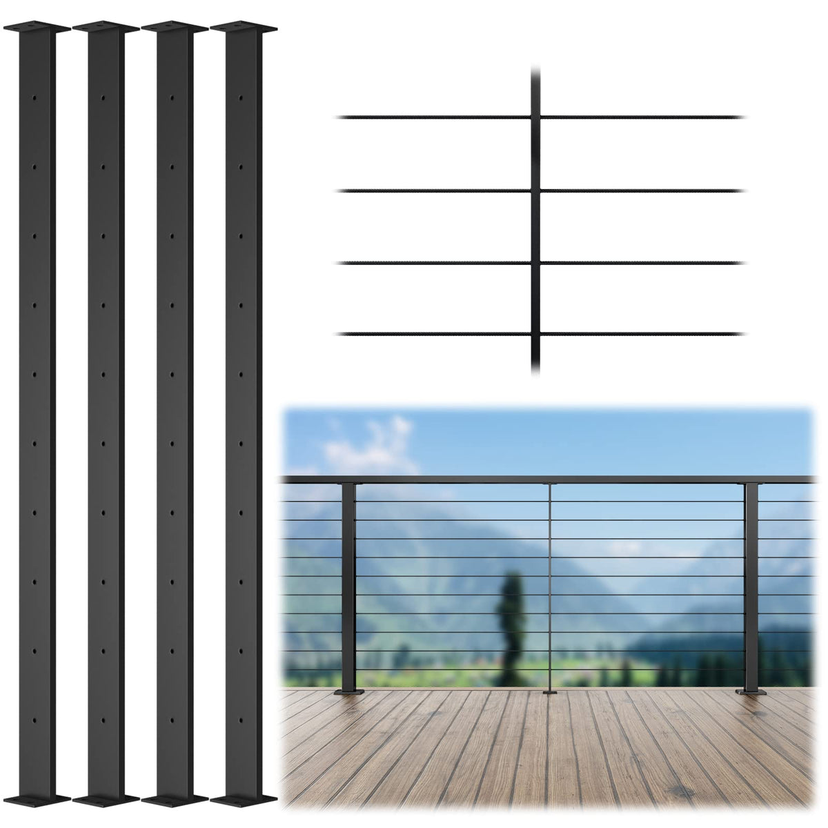Muzata 4Pack Black Super Thin Intermediate Cable Railing Post 36 Inch ...