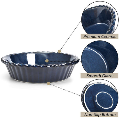 Peohud 2 Pack Ceramic Pie Pans, 10 Inch Deep Fluted Pie Plate, 54 Ounce Round Baking Dish for Quiche, Apple Pecan Pie, Pot Pie, Blue