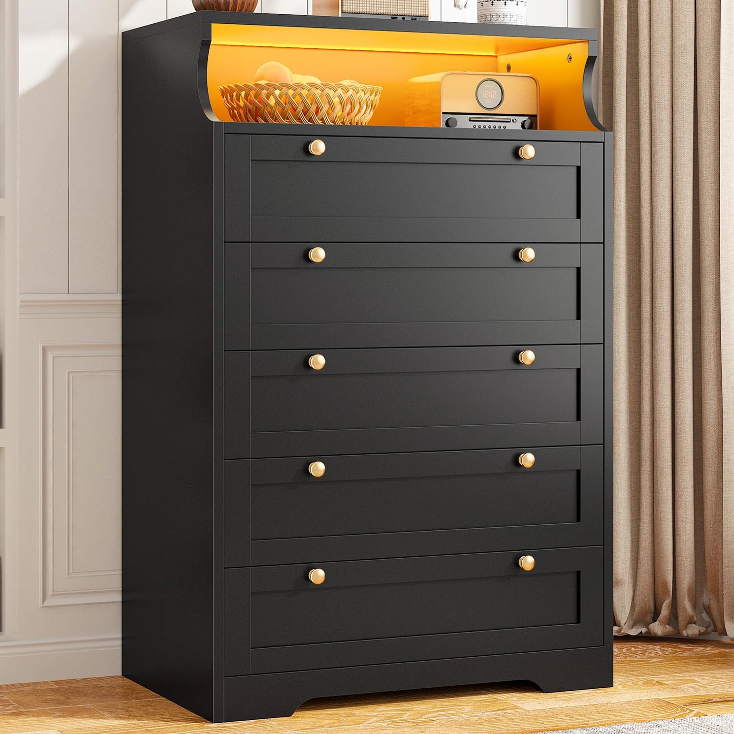 EnHomee Dresser, Black Dresser with LED, Bedroom Dressers & Chests of Drawers, Tall Dresser with 5 Wood Drawers, Black Dresser for Bedroom, 5 Drawer Dresser, Tall Dressers for Bedroom