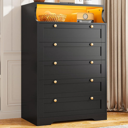 EnHomee Dresser, Black Dresser with LED, Bedroom Dressers & Chests of Drawers, Tall Dresser with 5 Wood Drawers, Black Dresser for Bedroom, 5 Drawer Dresser, Tall Dressers for Bedroom