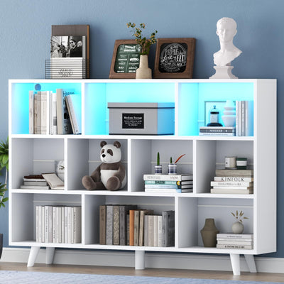 Gyfimoie 10 Cube Book Shelf with LED Lights, 3-Tier White Bookcase with Solid Wood Legs Modern Open Storage Organizer Kids Bookshelf Display Shelf for Living Room, Home Office (White, 10 Cube)