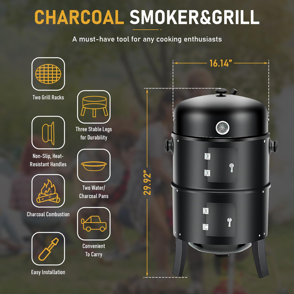 3-in-1 Vertical Charcoal Smoker, 16in BBQ Smoker Grill with Built-in Thermometer, Air Vent, and 2 Access Doors of black iron, Idea for Parties, Backyard, Barbecues ONUUNPY