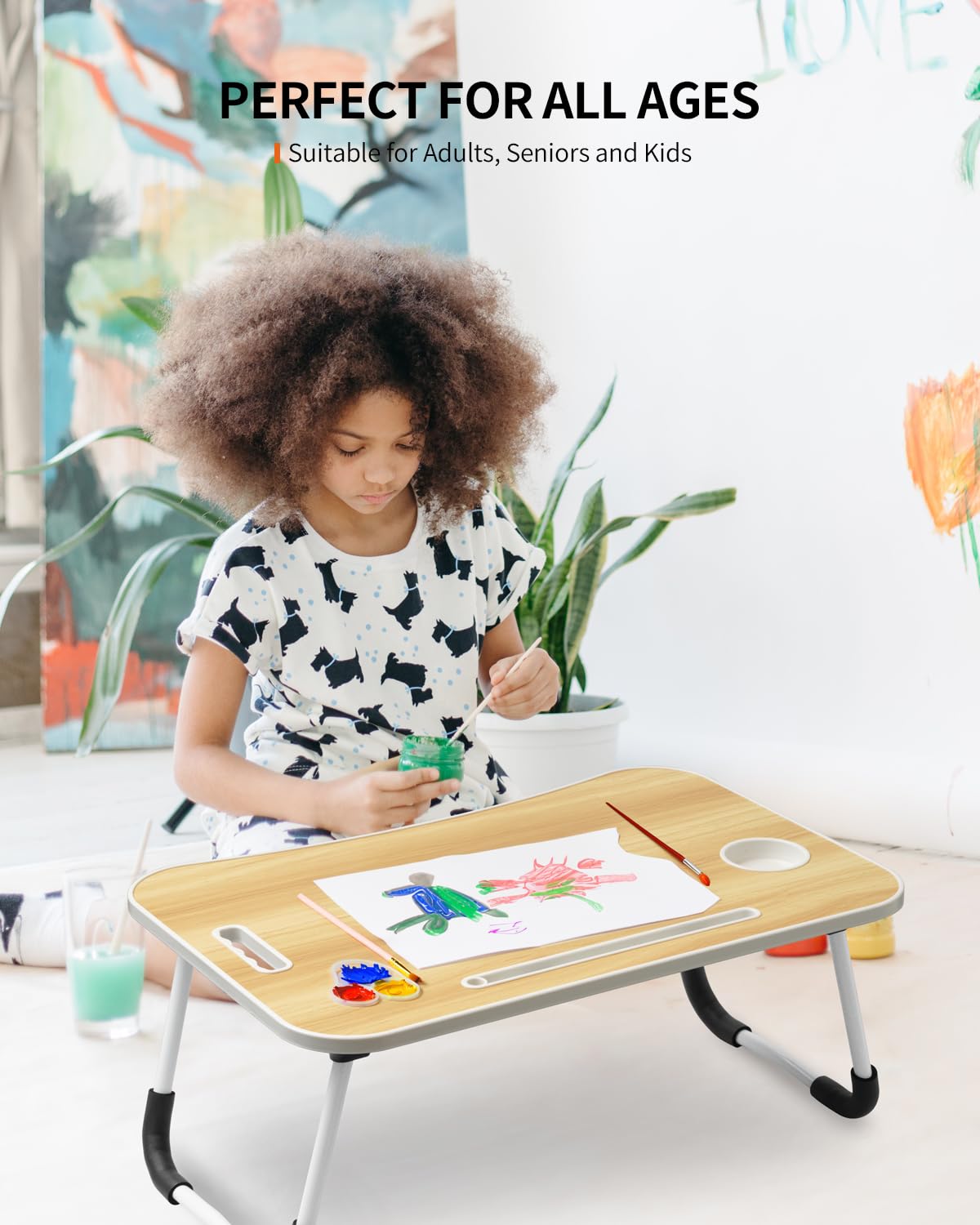 FISYOD Foldable Laptop Table, Portable Lap Desk Bed Table Tray, Laptop Stand with Cup Holder & Tablet Slot & Lifting Handle for Working Writing Drawing & Eating (Wood) FISYOD