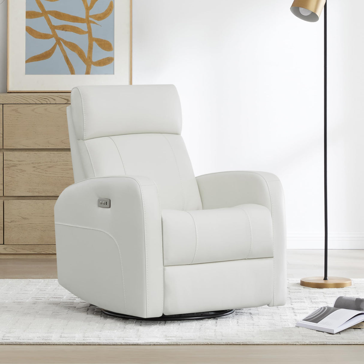 CHITA Genuine Leather Power Swivel Glider Recliner Chair, FSC Certified Double Layer Backrest Truck Armrest Recliner Chair Sofa for Living Room-White CHITA